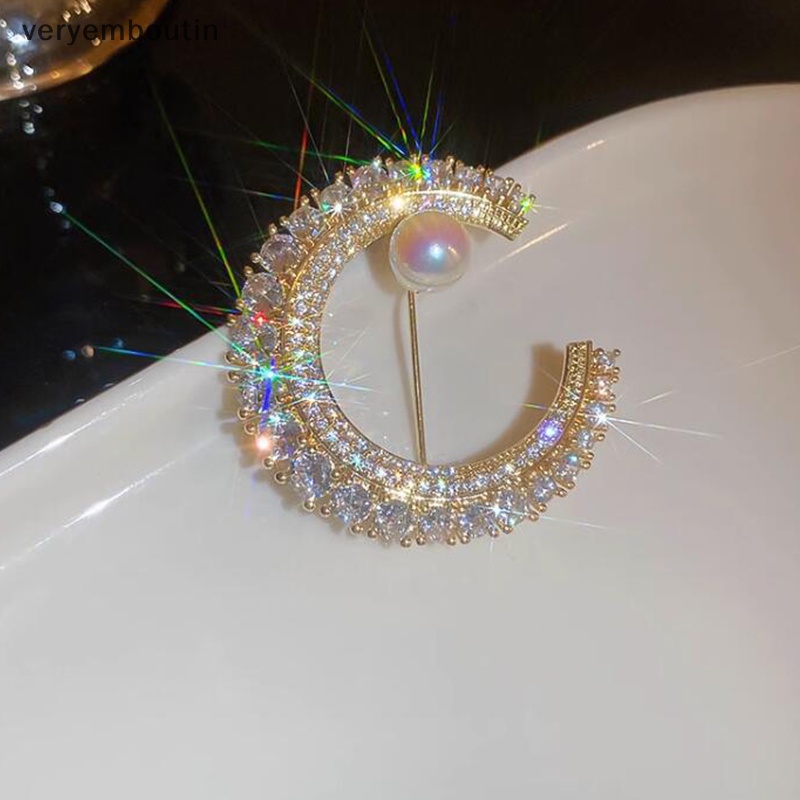 Ghim Cài Áo Hình Mặt Trăng Đính Ngọc Trai Nhân Tạo Thời Trang Cho Nam Nữ