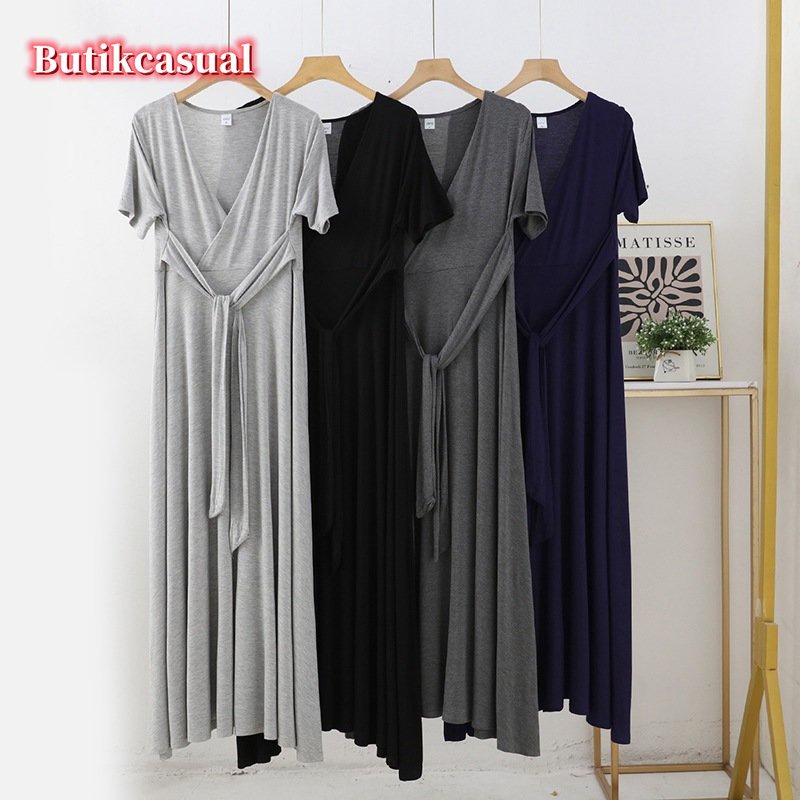 Đầm Cotton Trơn Mùa Hè 2023 Dáng Suông Tay Cộc Cổ Chữ V Thoải Mái Cho Nữ
