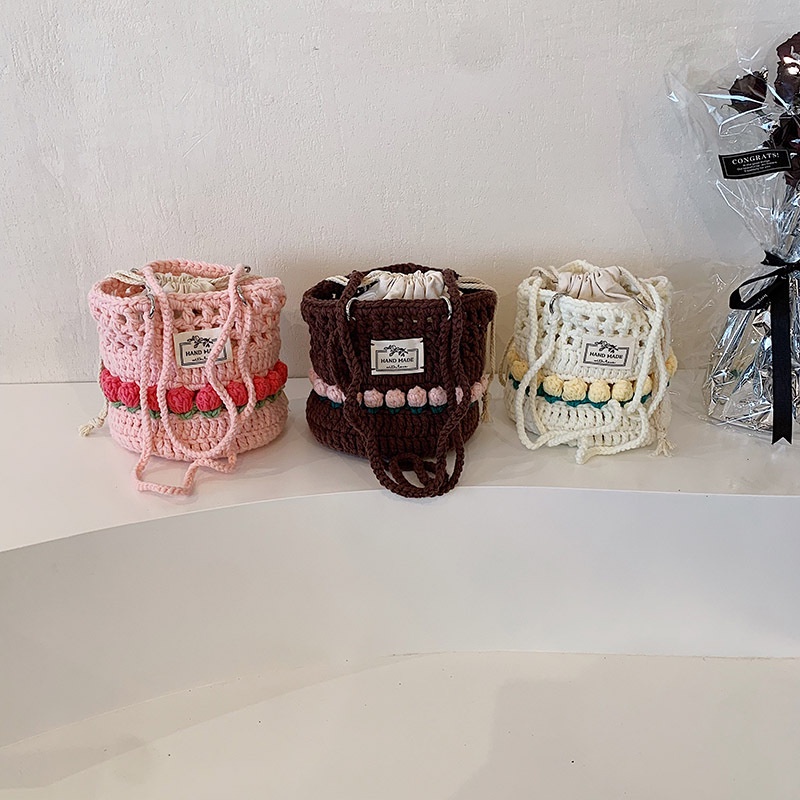 Túi Đeo Chéo Đan Len Hình Hoa Tulip Thời Trang Cho Nữ