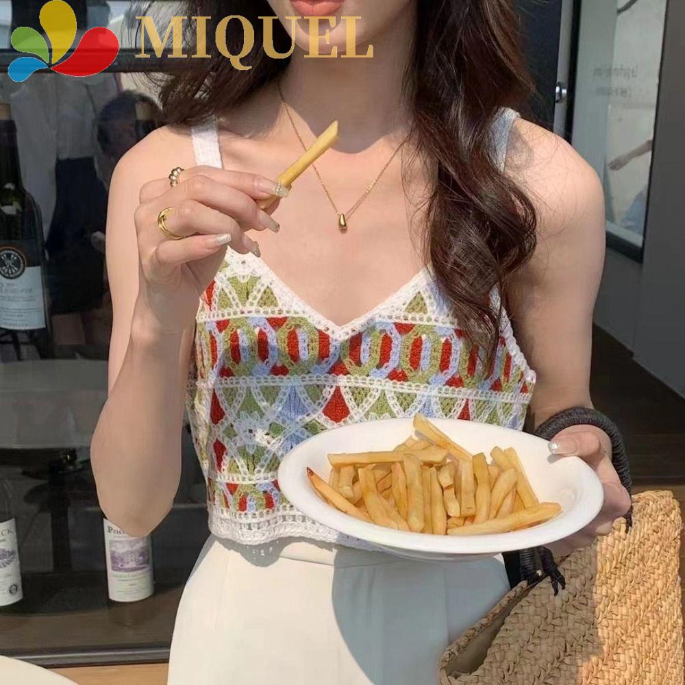 MIQUEL Áo Croptop Dệt Kim Không Tay Khoét Lỗ Họa Tiết Hoa Phong Cách Hàn Quốc Thời Trang Mùa Hè Cho Nữ