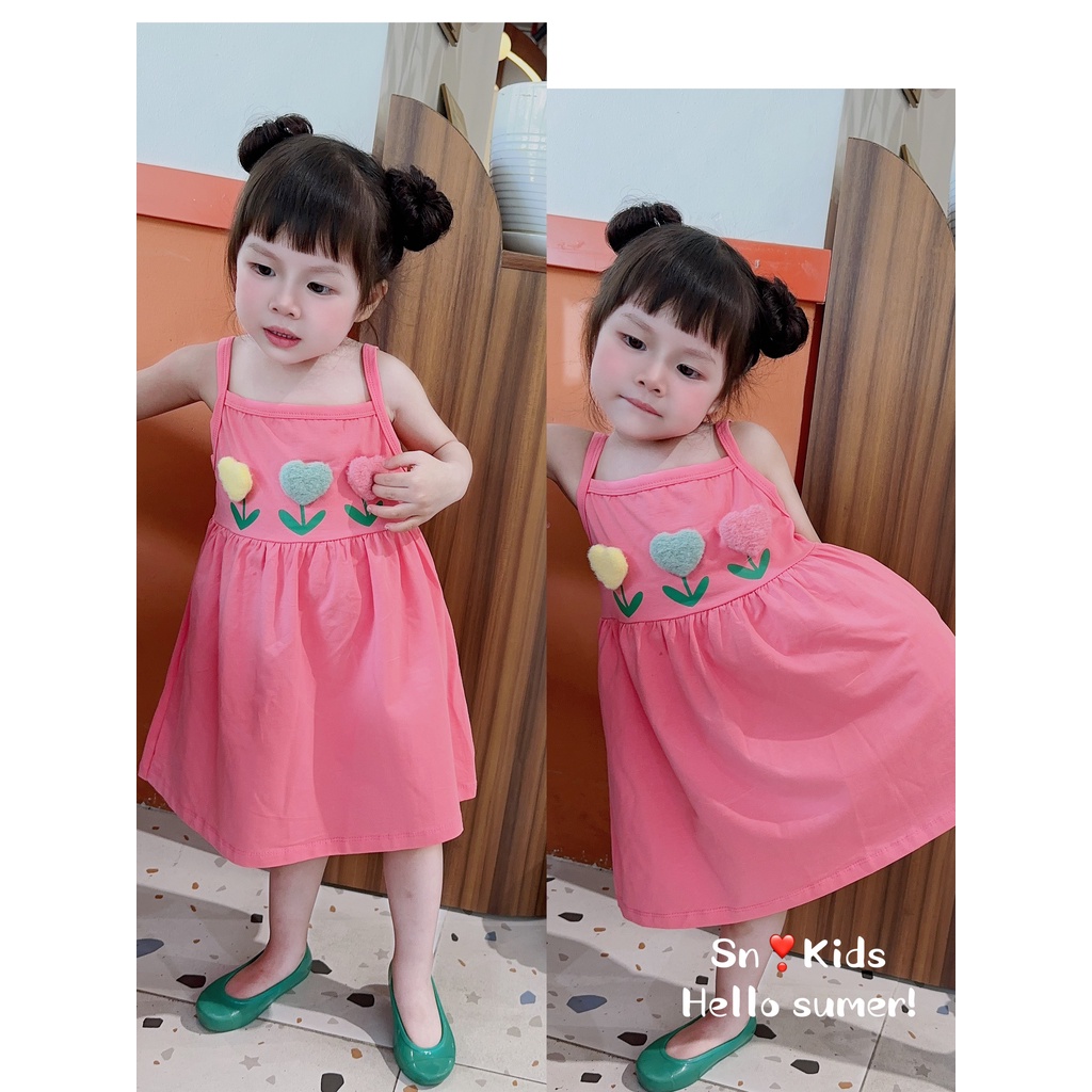 Váy cotton 2 dây đính tim nổi cực xinh cho bé gái - VCSN