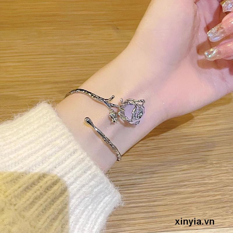 Vòng Tay Dạng Hở Mạ Bạc 925 Hình Hoa Hồng Thời Trang Cho Nam Nữ