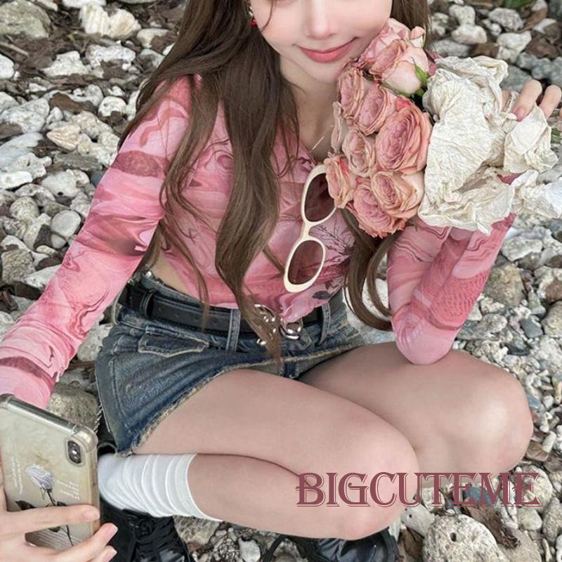 Áo Thun Crop Top Tay Dài Cổ Tròn In Màu Loang Thời Trang Cho Nữ