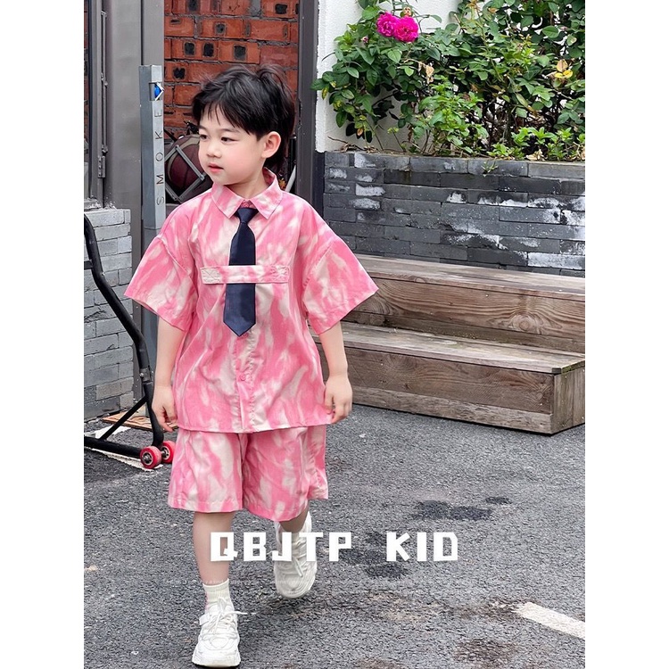 Bộ Áo Sơ Mi Ngắn Tay + Quần Short Nhuộm Màu Thời Trang Mùa Hè Mới 2023 Cho Bé Trai