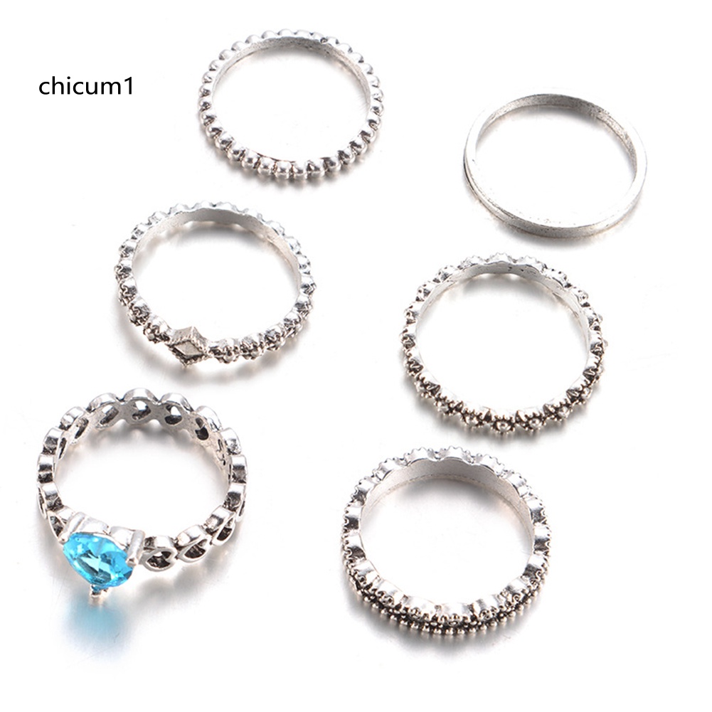 Set 6 Nhẫn Đốt Ngón Tay Nhiều Kiểu Đính Đá Pha Lê Hình Trái Tim Phong Cách Boho