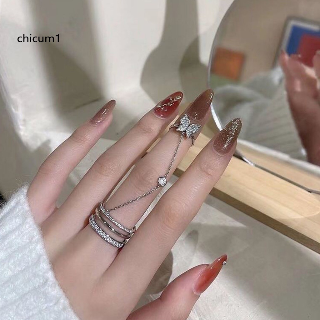 Bộ Nhẫn CC Dạng Mở Ba Lớp Đính Đá Hình Bướm Có Tua Rua Làm Quà Sinh Nhật Cho Bạn Gái