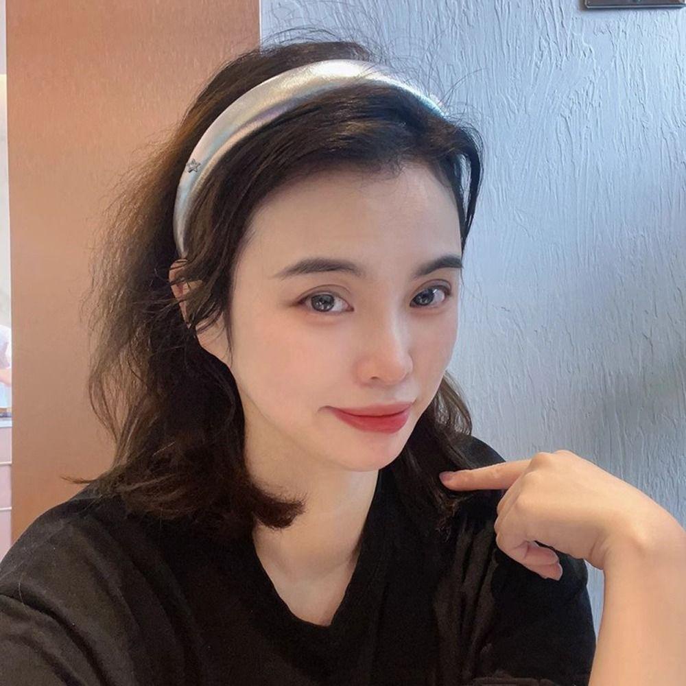 ANEMONE Băng Đô Rửa Mặt Bằng Da Màu Bạc Bản Rộng Chống Trượt Thanh Lịch