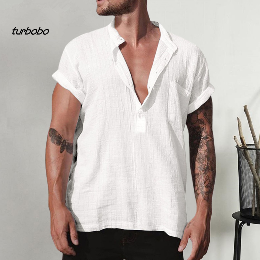 Áo Thun Tay Ngắn Cổ Đứng Dáng Rộng Màu Trơn Cài Nút Thời Trang Mùa Hè Cho Nam