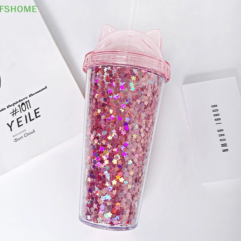 Fshome Cốc Đôi Cách Nhiệt Hai Lớp Có Nắp Và Ống Hút Ánh Kim Đơn Giản Dùng Khi Đi Mua Sắm Du Lịch Nóng Lạnh