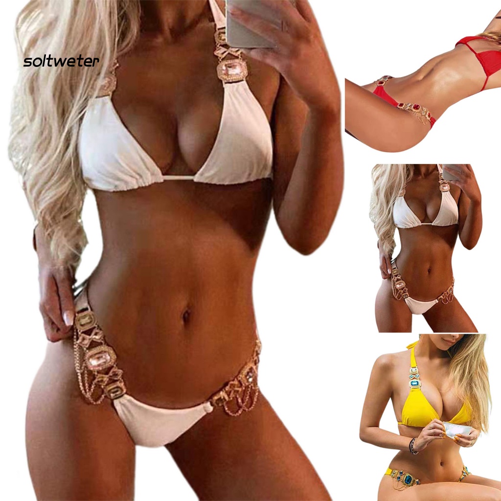 St Bộ Đồ Bơi Hai Mảnh Dây Xích Kim Loại Đính Đá Hình Tam Giác Lưng Thấp Quyến Rũ Cho Hoạt Động Dưới Nước
