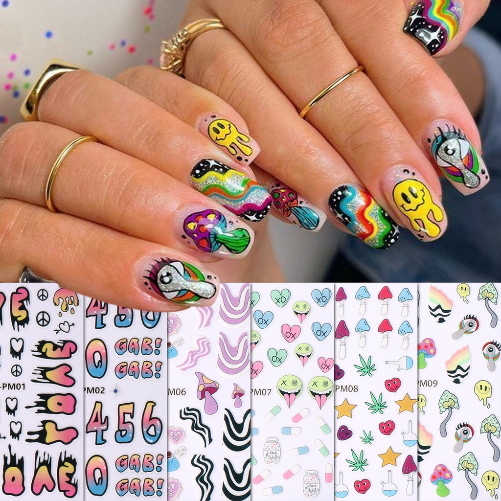 Miếng Dán Trang Trí Móng Tay In Chữ Tiếng Anh Flying Saucer Love Nấm Dopamine Màu Sắc Mùa Hè Y2K