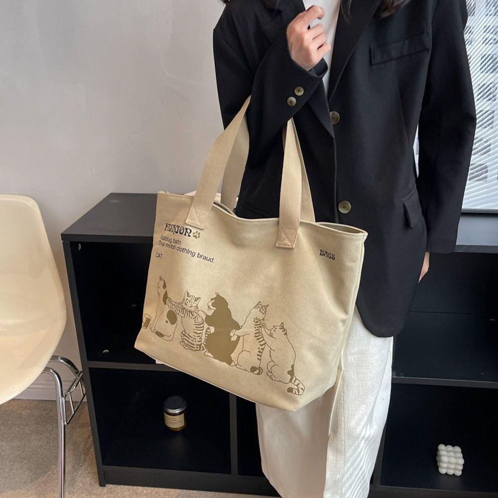 LOMBARD Túi Tote Vải Canvas In Hình Mèo Và Chữ Thanh Lịch Dễ Phối Đồ Thời Trang Đường Phố