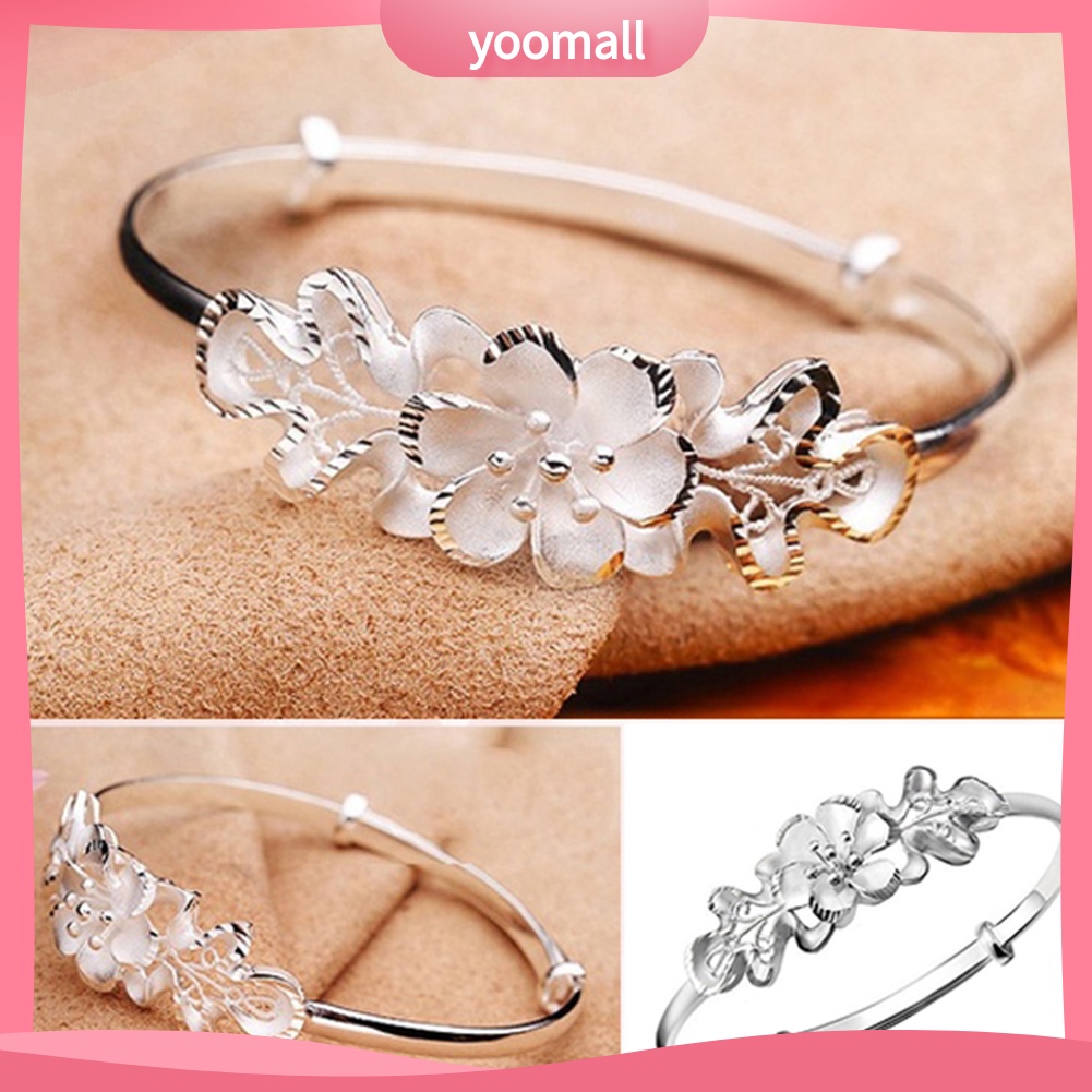 Vòng Tay Mạ Bạc Họa Tiết Hoa Thời Trang Có Thể Điều Chỉnh Kích Cỡ