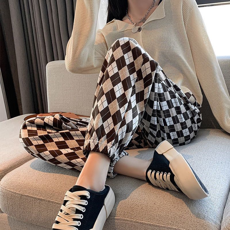 Quần Harem Dáng Rộng Kích Thước Lớn Kẻ Caro Kim Cương Phong Cách Hàn Quốc Mới Cho Nữ