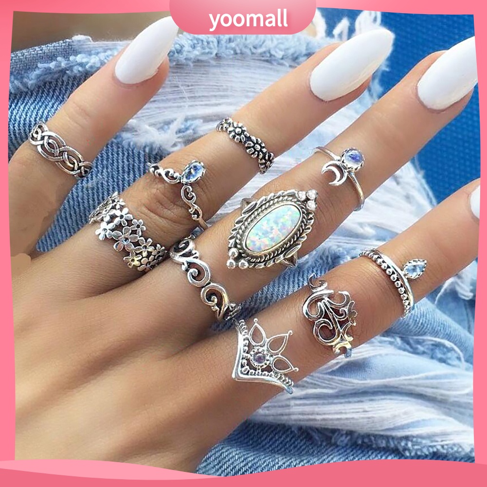 Set 10 Nhẫn Đốt Ngón Tay Đính Đá Opal Phong Cách Retro