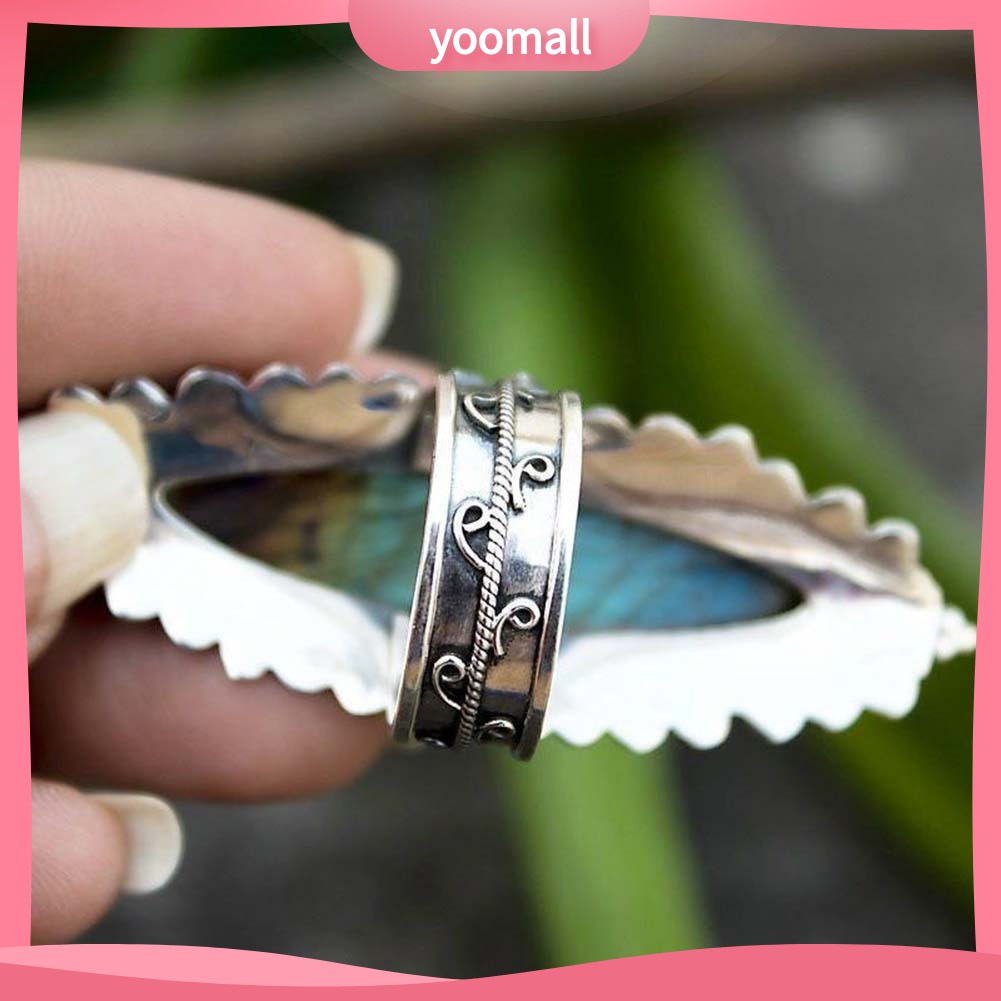 [YM] Nhẫn Khảm Đá Labradorite Giả Cổ Điển Làm Quà Tặng Trang Sức Cho Nữ