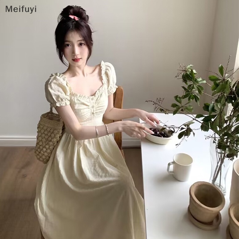 [Meifuyi] Puff Sleeve Dresses Women Midi Sweet Bodycon Summer French Style Ruffles Casual Dress COD