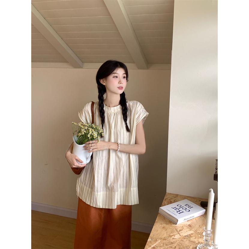 Set Áo Thun Ngắn Tay Kẻ Sọc Phối Chân Váy Dài Suông Thời Trang Mùa Hè Cho Nữ