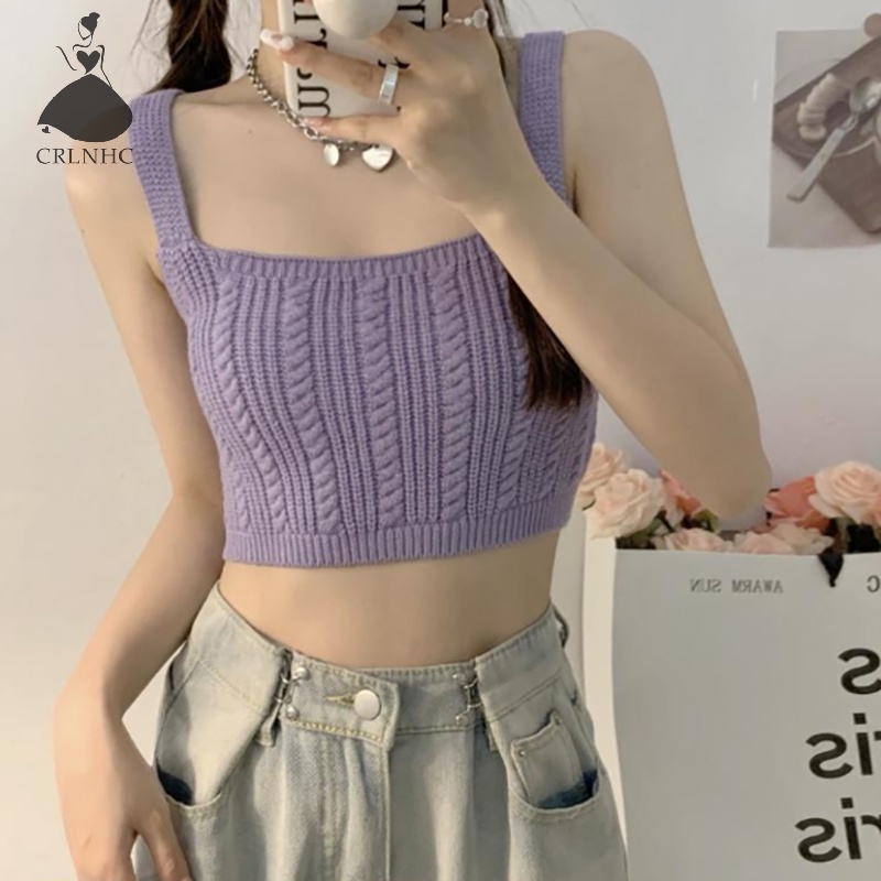 Áo Croptop Dệt Kim Không Tay Dáng Ôm Màu Kẹo Ngọt Thời Trang Mùa Hè Dành Cho Bạn Nữ