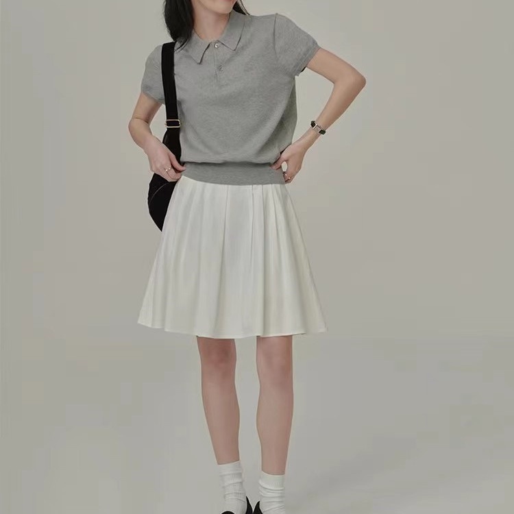 Áo polo Dệt Kim Tay Ngắn Kiểu Vintage Thiết Kế Đơn Giản Cho Nữ