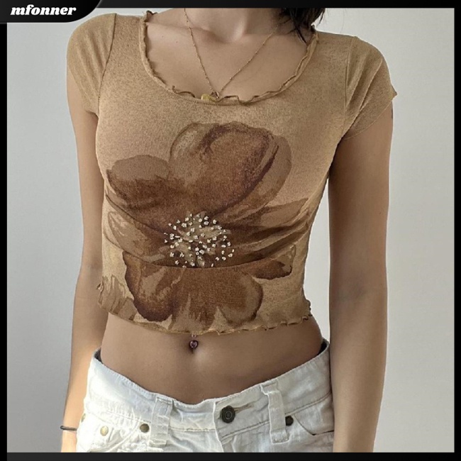 Áo Thun Croptop Ngắn Tay Cổ Chữ U In Hoa Thời Trang Đi Biển Cho Nữ