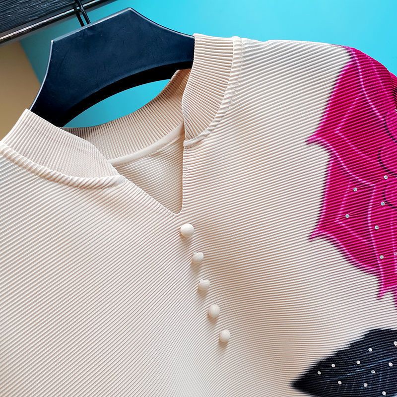 Áo Thun Tay Ngắn Dáng Rộng Xếp Ly In Họa Tiết Thời Trang Mùa Hè 2023