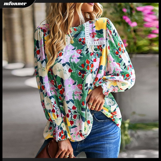 Áo Sơ Mi Tay Dài Dáng Rộng Cổ Tròn In Hoa Thiết Kế Thoáng Khí Thoải Mái Cho Nữ