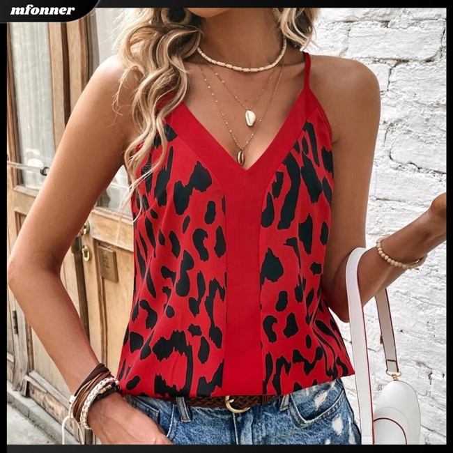 Áo Tank Top Sát Nách Cổ Chữ V Dáng Rộng In Họa Tiết Da Báo Cá Tính Cho Nữ