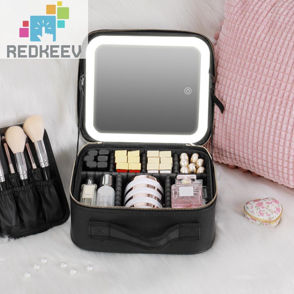 Hộp Đựng Mỹ Phẩm Bằng Da PU Có Khóa Kéo Kèm Gương Và Đèn LED Dành Cho Nữ