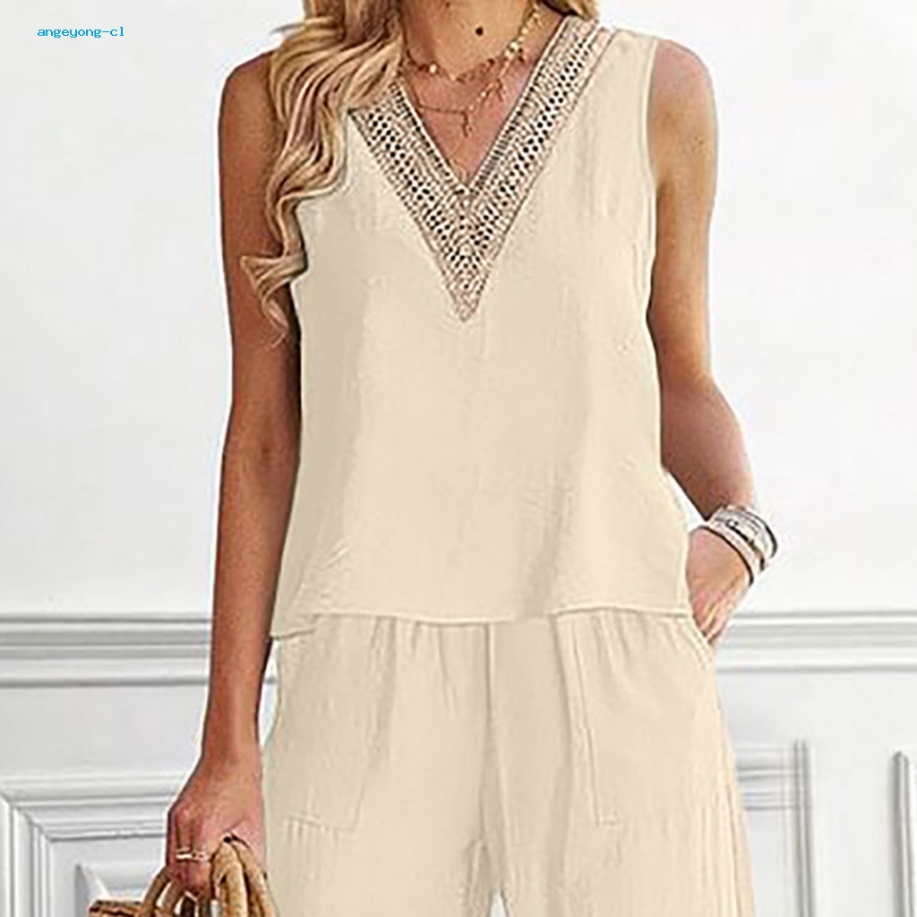 Bộ Áo Cổ Chữ V Không Tay Phối Ren + Quần Dài Thoải Mái Thời Trang Mùa Hè Cho Nữ