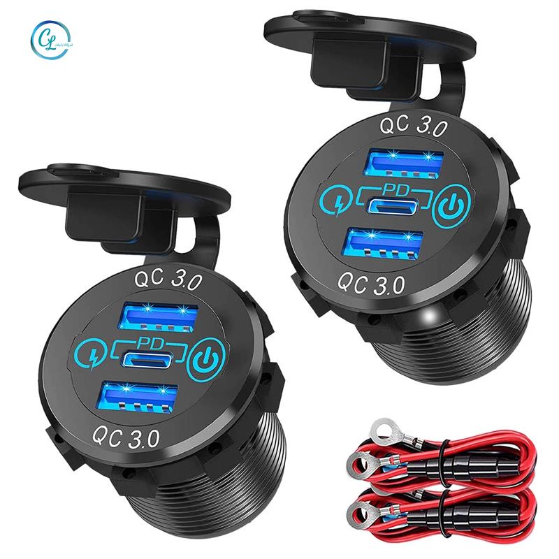 Tẩu Sạc Nhanh QC 3.0 PD3.0 Ba Cổng USB 12V 24V 60W USB-C Có Công Tắc Cho Tàu Thuyền Xe Hơi Xe Tải RV Xe Máy