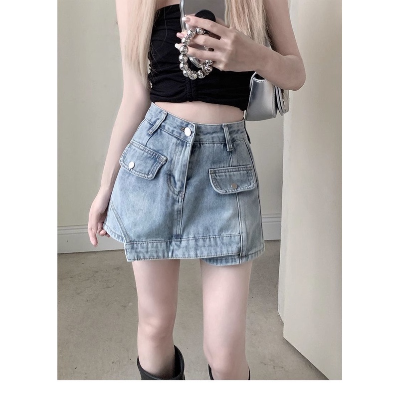 Chân Váy Denim Mỏng Lưng Cao Dáng Ôm Thiết Kế Bất Đối Xứng Cỡ Lớn Thời Trang Cá Tính Cho Nữ