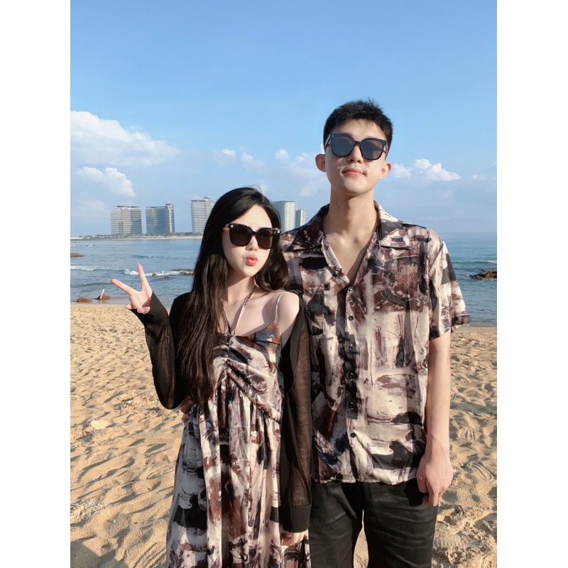 Áo Đầm Hai Dây Mùa Hè 2023 Tay Ngắn Phong Cách Bãi Biển Cho Cặp Đôi Đồ đôi đồ cặp nam nữ