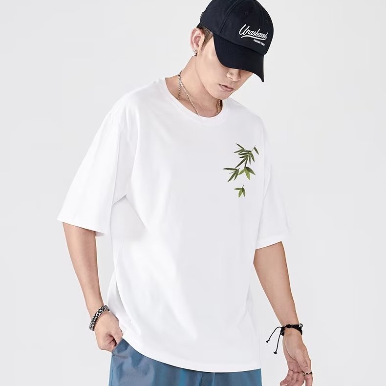 Áo Thun Tay Ngắn Dáng Rộng Thêu Hình Lá Tre Thời Trang Cá Tính Cho Nam