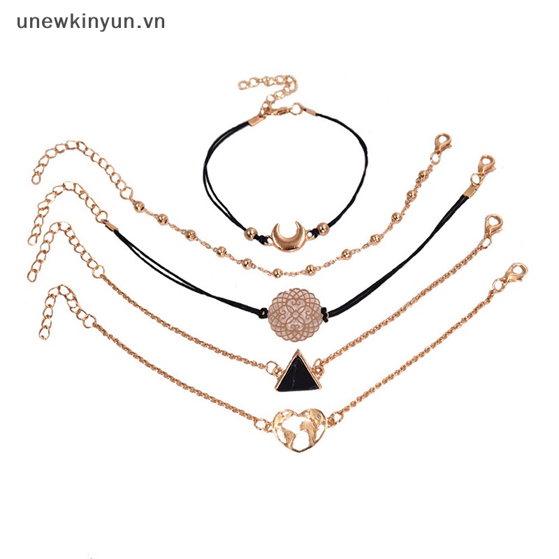 Bộ Vòng Tay Dây Thừng Màu Đen Họa Tiết Vỏ Sò / Mặt Trăng / Trái Tim Phong