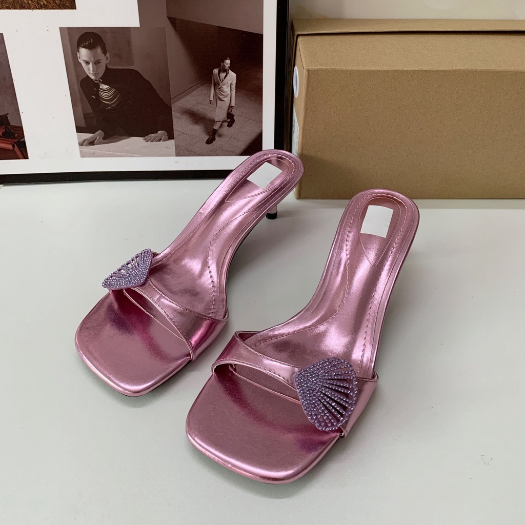 Xăng Đan ZARA Gót Thấp Mũi Vuông Đính Đá Kim Cương Giả Dễ Thương Thời Trang 2023 Cho Bạn Gái