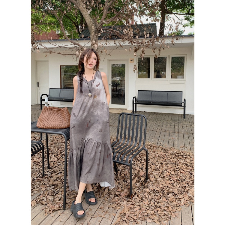 Đầm Dài Không Tay Dáng Rộng Chất Liệu satin Nhuộm Màu Phong Cách retro