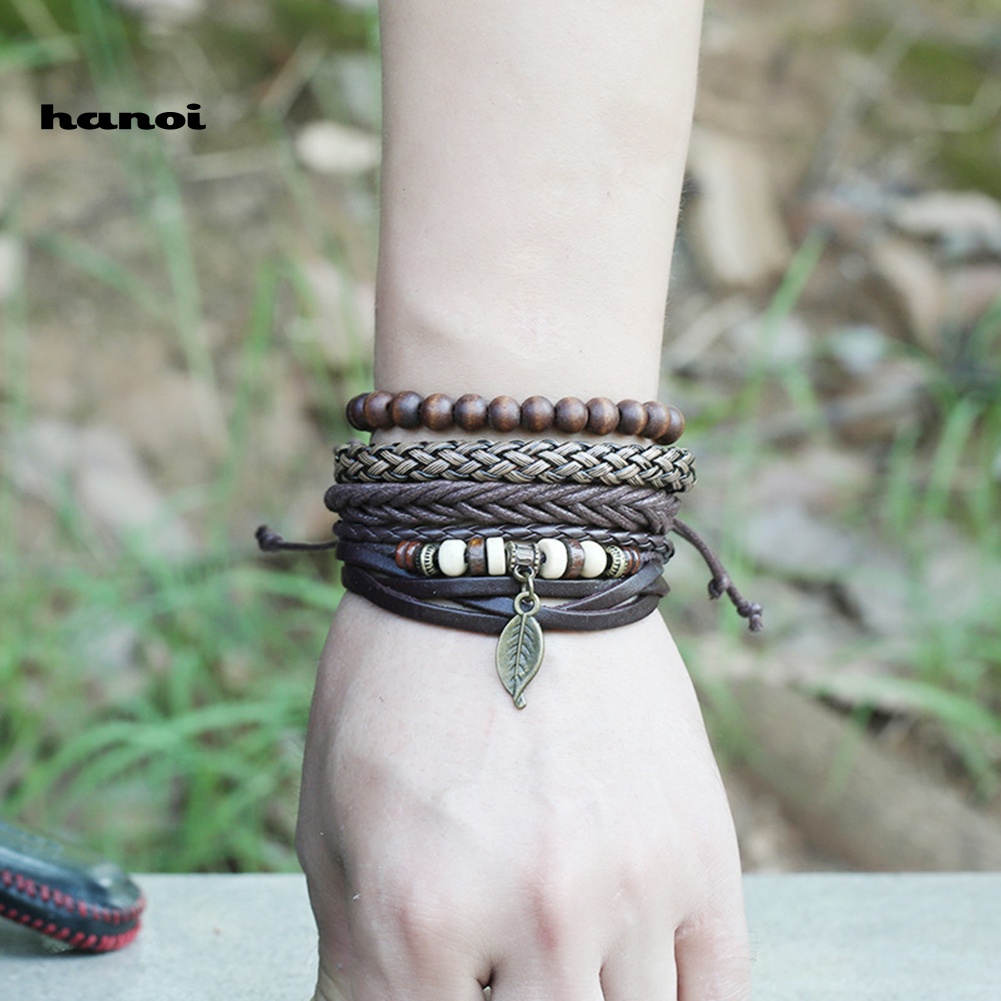 Set 4 Vòng Tay Bện Dây Giả Da Nhiều Lớp Thời Trang Cho Nam