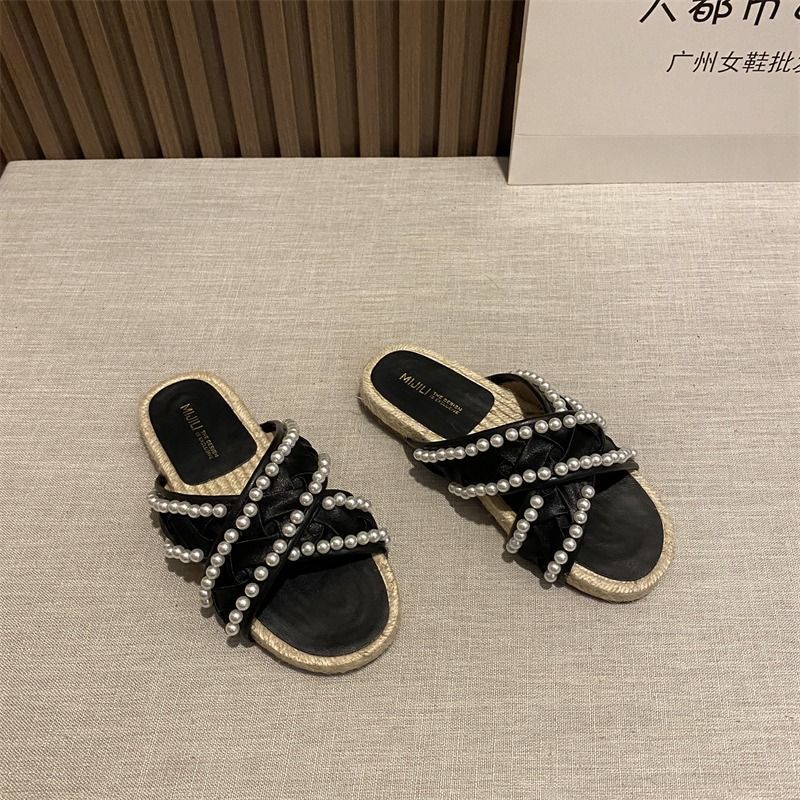 Dép Cói Đế Bằng Quai Chéo Đính Ngọc Trai Thời Trang Dành Cho Nữ