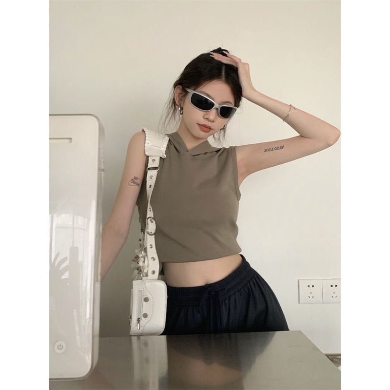 Lemon studio phong cách mỹ nữ t áo sơ mi thời trang không tay có mũ trùm đầu slim fit short top female t-shirt 203