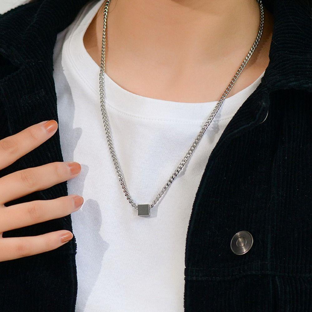 Mxfashionestore Vòng Cổ choker Bằng Thép Titan Mặt Khối Lập Phương Hình Vuông Phong Cách Đường Phố Hàn Quốc Thời Trang Cho Nam