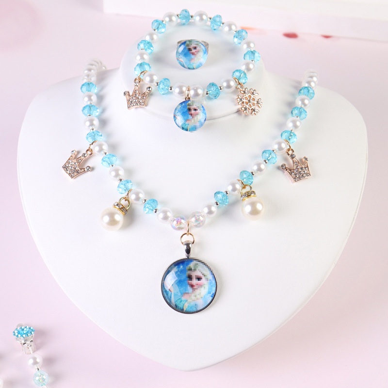 Bộ Vòng Cổ + Vòng Tay + Dây Chuyền Bằng Hợp Kim Dầu In Hình Công Chúa Elsa Phong Cách Mới Cho Bé #
