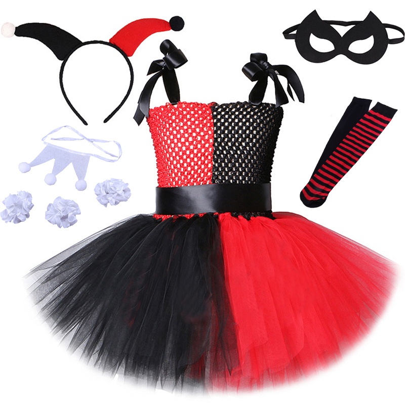 Harley quinn cosplay trang phục cho bé gái chú hề joker tutu dress cho trẻ em cô gái với băng đô vớ màu đen đỏ tiệc sinh nhật vestido