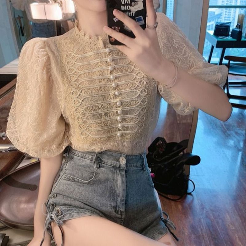 T classy puff tay áo ngắn tay ren hàng đầu phụ nữ 2023 mùa hè thiết kế phong cách mới thích hợp áo sơ mi voan đính cườm
