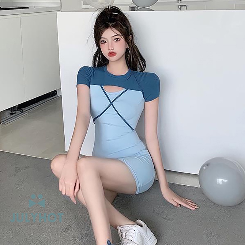 Mát Ngắn Tay Áo Đầm cut-out sexy Băng Chic Y2K mùa hè ngắn tay áo mini không đều váy VN