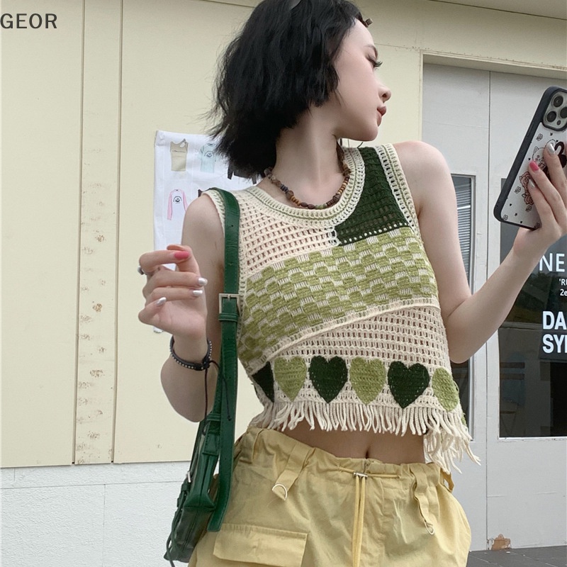 Áo Dệt Kim Sát Nách Cổ Tròn Thêu Họa Tiết Khoét Lỗ Thời Trang Mùa Hè Cho Nữ