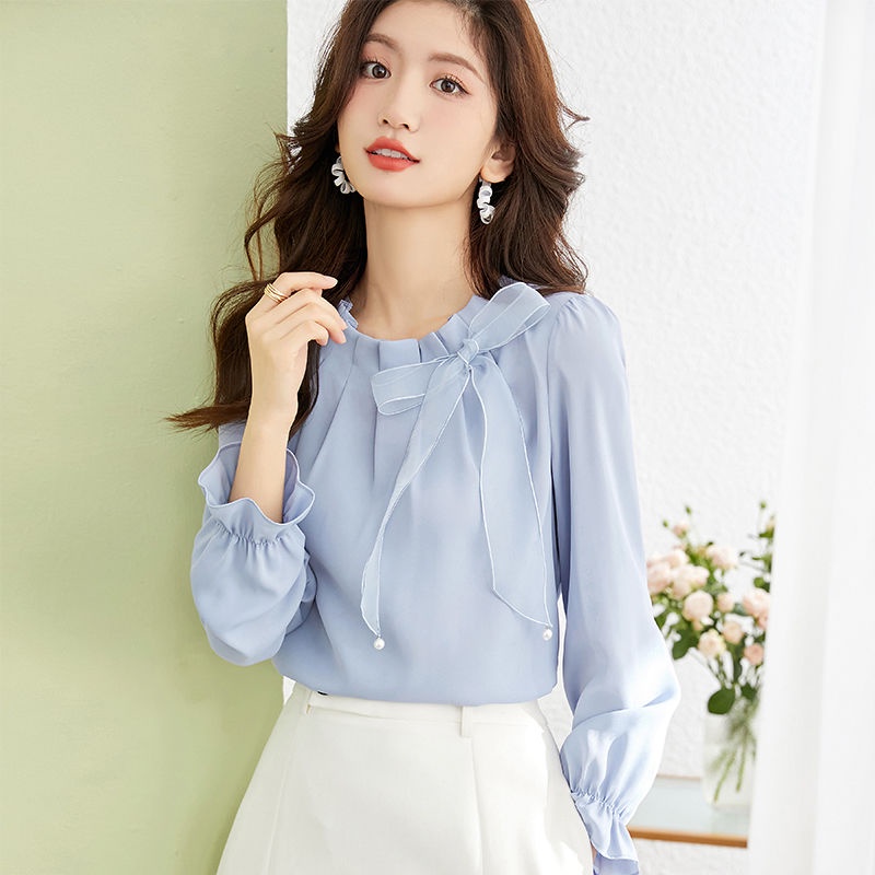 Áo Sơ Mi Chiffon Tay Dài Đính Nơ Thời Trang Mùa Xuân 2024 Cho Nữ