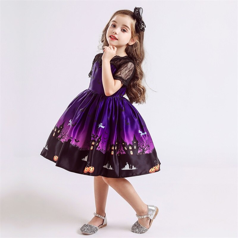 Bộ 3 Món Đầm Hóa Trang Phù Thủy / Bí Ngô / Ma Cà Rồng Kèm Túi Đeo Vai Xinh Xắn Cho Bé Gái 4-10 Tuổi