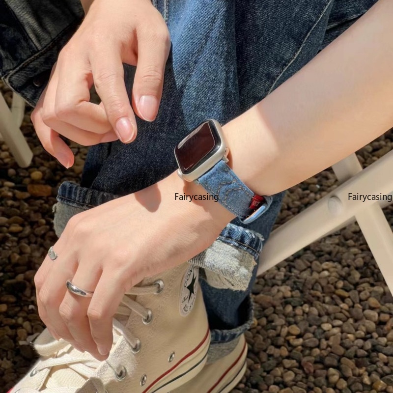 Dây Đeo Đồng Hồ Bằng Da Và Denim Cho iWatch Series 42mm 41mm 40mm 44mm 45mm 38mm 49mm Ultra 8 7 6 5 4 SE