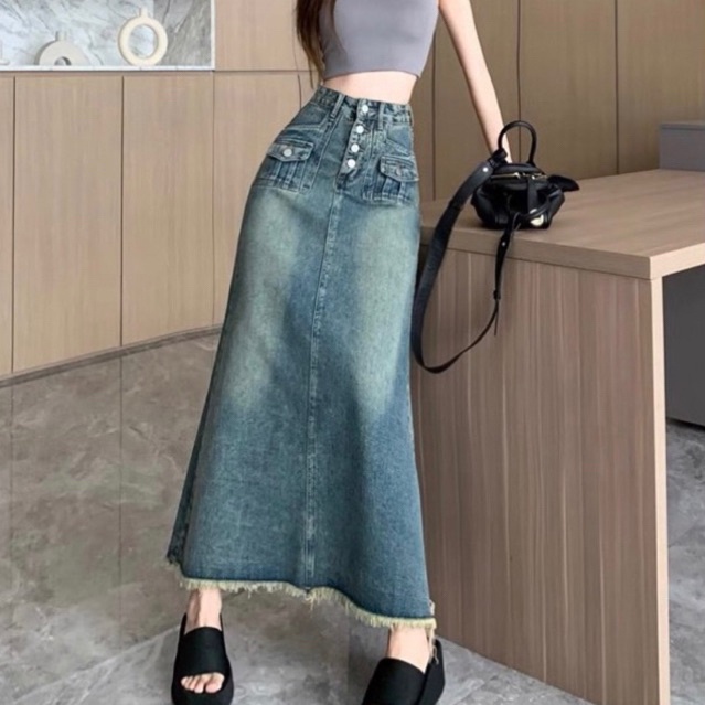 Chân váy jeans dài dáng chữ A phong cách retro nữ | BigBuy360 - bigbuy360.vn